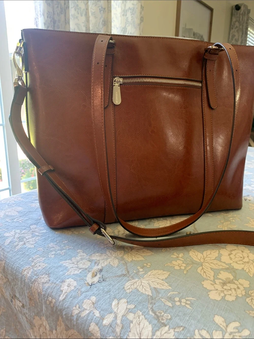 Bostonian Leather Laptop Tote - Cognac Brown.